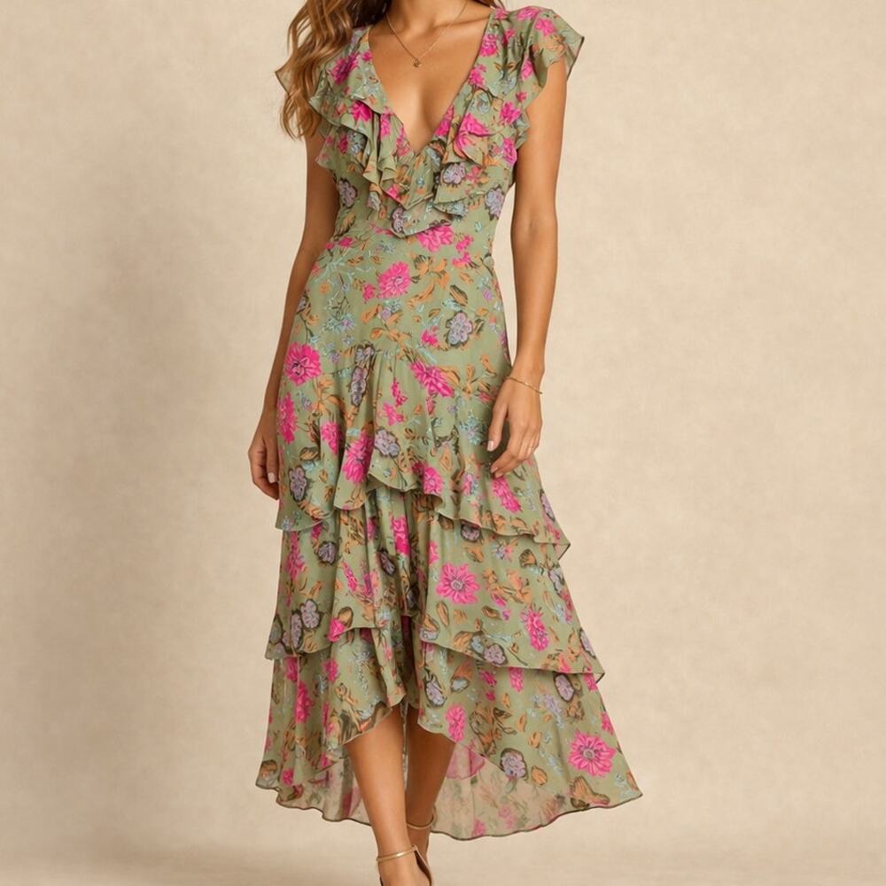 WAYF Anthropologie Chelsea Sage Folk Floral Tiered Ruffle Whimsical Maxi Dress
